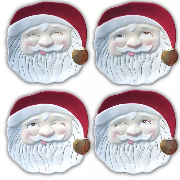 Glitterville 4 Red Papa Noel Cookie Plates, Ceramic Santa Christmas Dessert  Set - Picture 1 of 10